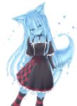  1girl animal_ears bare_shoulders black_dress black_thighhighs blue_eyes blue_hair blue_sclera blue_skin blush bridal_gauntlets collar colored_sclera colored_skin commission curss dress fox_ears fox_tail hand_up head_tilt highres jewelry long_hair looking_at_viewer metal_collar monster_girl original parted_lips pendant pleated_dress red_ribbon red_thighhighs ribbon simple_background skeb_commission skindentation slime_girl solo striped striped_thighhighs tail thighhighs two-tone_legwear very_long_hair white_background 