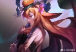  1girl animal_ears antlers bare_shoulders brown_hair closed_mouth colored_skin flower from_side hair_between_eyes hair_flower hair_ornament highres horse_ears kamiaodeyemao league_of_legends lillia_(league_of_legends) long_hair looking_at_viewer multicolored_background multicolored_skin official_alternate_costume official_alternate_hairstyle orange_flower outdoors pink_eyes pink_flower pink_lips pink_skin profile shan_hai_scrolls_lillia solo tree 