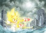  1boy city cloud cloudy_sky destroyed finik flying gloves grey_sky highres outdoors shoes sky solo sonic_(series) sonic_the_hedgehog super_sonic water white_gloves 