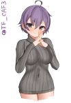  1girl absurdres ahoge alternate_costume breasts covered_navel cowboy_shot dress grey_sweater highres kantai_collection medium_breasts one-hour_drawing_challenge own_hands_clasped own_hands_together purple_eyes purple_hair ribbed_sweater sakawa_(kancolle) short_hair simple_background solo sweater sweater_dress tf_cafe twitter_username white_background 