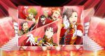  5boys akai_suzaku akiyama_hayato brown_eyes brown_hair cat gloves green_eyes green_hair hair_ornament headset highres idol idolmaster idolmaster_side-m idolmaster_side-m_growing_stars kimura_ryu long_sleeves male_focus mayumi_eishin multicolored_hair multiple_boys nyako_(idolmaster) official_art one_eye_closed orange_hair pointing red_hair smile stairs streaked_hair watanabe_minori white_gloves 