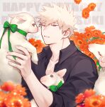  1boy animal bakugou_katsuki birthday black_shirt blonde_hair blurry blurry_foreground boku_no_hero_academia character_name closed_eyes collared_shirt commentary dated depth_of_field dress_shirt falling_flower fingernails flower flower_request from_side goat goat_horns green_ribbon hair_between_eyes hands_up happy_birthday highres holding holding_animal horns lamb looking_at_animal male_focus meltnotmelt narrowed_eyes neck_ribbon open_clothes open_collar open_shirt orange_flower parted_lips red_eyes ribbon scar scar_on_chest sheep shirt short_hair sideburns sleeves_past_elbows sleeves_rolled_up snout solo spiked_hair spoilers text_background timestamp upper_body wing_collar wool 