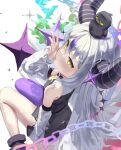  1girl :p animal_on_head bare_shoulders bird bird_on_head black_horns braid braided_bangs chain crow_(la+_darknesss) detached_sleeves grey_hair highres hololive horns la+_darknesss la+_darknesss_(1st_costume) looking_at_viewer multicolored_hair on_head pointy_ears purple_hair purple_thighhighs sidelocks single_thighhigh sitting streaked_hair striped_horns supergroggy thighhighs tongue tongue_out virtual_youtuber wariza yellow_eyes 
