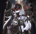  1girl breasts colored_skin demon demon_girl digimon digimon_(creature) eaglov fallen_angel grey_skin highres ladydevimon large_breasts long_hair mask no_pupils pixel_art red_eyes skull solo white_hair 