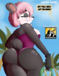  absurd_res anthro bare_shoulders bear big_butt black_body blush bodily_fluids breasts butt butt_focus clothed clothing digital_media_(artwork) female fur giant_panda gloves hair handwear hi_res humanoid mammal meili_(venomsquid) pink_hair rear_view simple_background smile solo sweat swimwear tail tail_wiggle text thick_thighs venomsquid wiggle 
