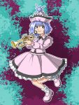  1girl aksawshin asymmetrical_hair blue_eyes blue_hair hat instrument light_blue_hair long_sleeves mary_janes merlin_prismriver music perfect_cherry_blossom pink_footwear pink_headwear pink_shirt pink_skirt playing_instrument shirt shoes skirt skirt_set socks solo touhou trumpet 