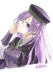  1girl atlas_academy_school_uniform breasts fate/grand_order fate_(series) glasses green_tea highres kino_kokko long_hair long_sleeves necktie purple_eyes purple_hair school_uniform signature sion_eltnam_sokaris tagme tea twintails 