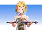  1girl absurdres blonde_hair border bracelet braid broken broken_sword broken_weapon circlet closed_mouth commentary crown_braid dress earrings green_eyes highres holding holding_sword holding_weapon jewelry light_particles looking_at_viewer master_sword momoju163 necklace outside_border pointy_ears princess_zelda simple_background solo strapless strapless_dress sword symbol-only_commentary teardrop_facial_mark the_legend_of_zelda the_legend_of_zelda:_tears_of_the_kingdom upper_body weapon white_border white_dress 