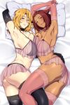  2girls arm_up armpits arms_up ass asymmetrical_docking black_choker black_gloves black_thighhighs bleach blonde_hair breast_press breasts choker collarbone commentary commission dark-skinned_female dark_skin elbow_gloves english_commentary forehead gloves green_eyes haineko hair_between_eyes hand_on_another&#039;s_ass head_on_pillow highres large_breasts lindaroze looking_at_viewer lying matsumoto_rangiku medium_hair mole mole_under_mouth multiple_girls on_side open_mouth paid_reward_available parted_lips pillow pink_thighhighs red_hair see-through smile sweat thighhighs thighs twisted_torso twitter_username web_address 