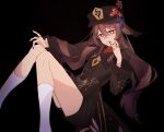  1girl black_background black_nails bright_pupils brown_coat brown_hair brown_headwear brown_shorts coat coattails feet_out_of_frame flower flower-shaped_pupils genshin_impact hair_between_eyes hand_on_own_knee hat hat_flower hat_tassel hu_tao_(genshin_impact) long_hair long_sleeves looking_at_viewer red_eyes shorts simple_background socks solo symbol-shaped_pupils themoonstarsandyou twintails white_background white_pupils white_socks 