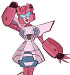 1girl autobot breasts dress hair_over_shoulder highres humanoid_robot light_smile medjedjed narrow_waist pink_lips robot rosanna_(transformers) short_dress simple_background small_breasts solo transformers transformers_animated visor_cap white_background 