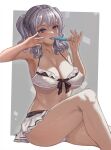 1girl alternate_costume armpits bikini bikini_skirt blue_eyes breasts commentary_request food front-tie_bikini_top front-tie_top grey_hair hands_up highres holding holding_food holding_ice_cream ice_cream ice_cream_bar invisible_chair kantai_collection kashima_(kancolle) knee_up large_breasts open_mouth sidelocks signature simple_background sitting solo swimsuit tongue tongue_out tsurime twintails wavy_hair white_bikini yuugao 