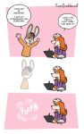  3_panel_comic anthro brown_body brown_fur brown_hair canid canine canis clothing dialogue domestic_dog dot_eyes drawing_tablet duo english_text fading_away floppy_ears freckles_(artist) fur hair half-closed_eyes hoodie humor lagomorph leporid long_sleeve_shirt male mammal multicolored_body multicolored_fur narrowed_eyes open_mouth open_smile orange_body orange_fur pecas_(freckles) pink_background rabbit simple_background smile sound_effects speech_bubble text topwear two_tone_body two_tone_fur white_background white_body white_fur white_hair wide_eyed 