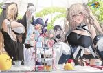  &gt;_&lt; +_+ 6+girls absurdres anchorage_(azur_lane) animal_ears aqua_eyes azur_lane bare_shoulders black_dress black_gloves black_hair black_shorts blonde_hair blue_eyes blue_hair breast_cutout breasts cake cake_slice cheshire_(azur_lane) cleavage cleavage_cutout clothing_cutout crown cup dress elbe_(azur_lane) fake_animal_ears food framed_breasts frilled_hairband frills from_side gloves grey_hair hair_between_eyes hair_bun hair_over_one_eye hairband half_gloves highres holding holding_saucer holding_teapot horns huge_breasts implacable_(azur_lane) indoors janus_(azur_lane) kaoruko_(unkrk55) large_breasts light_blue_hair light_brown_hair long_hair long_sleeves macaron maid_headdress manchester_(azur_lane) manjuu_(azur_lane) mini_crown multicolored_hair multiple_girls navel nun official_art open_mouth pink_ribbon purple_hair red_eyes revealing_clothes ribbon saucer scared second-party_source shorts sleeves_past_fingers sleeves_past_wrists streaked_hair tea tea_party teacup teapot tiered_tray twintails two-tone_dress two-tone_hair veil very_long_hair very_long_sleeves white_dress white_horns wide_sleeves 