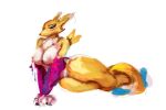  2023 anthro bandai_namco blue_eyes breast_squeeze breasts clothing digimon digimon_(species) female gloves handwear kheltari looking_at_viewer lying markings nipples on_side pink_nipples renamon simple_background solo thick_thighs white_background yellow_body 