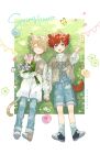  1boy 1girl aged_down amagi_hiiro animal_ears aqua_eyes blonde_hair bouquet bug butterfly buttons cat_boy cat_ears cat_tail choker closed_eyes closed_mouth commentary denim dog_boy dog_ears dog_tail egg ensemble_stars! flower flower_request full_body holding holding_bouquet holding_hands jeans long_sleeves lying male_child on_back on_grass open_mouth pants petals red_hair seuga shiratori_aira_(ensemble_stars!) short_hair shorts symbol-only_commentary tail 