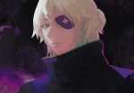  1boy ai_the_somnium_files bandages blonde_hair collared_jacket date_kaname driftwoodwolf eyepatch jacket looking_at_viewer male_focus short_ponytail smile solo teeth upper_body 