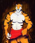 anthro big_penis clothed clothing digibeawr felid feline frosted_flakes fur genitals hi_res kellogg&#039;s male mammal mascot muscular muscular_anthro muscular_male orange_body orange_fur pantherine partially_clothed penis red_clothing solo striped_body stripes tiger tony_the_tiger white_body 