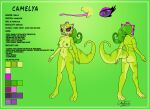  4_fingers anthro bottomwear camelya chameleon clothed clothed/nude clothing collar english_text fan_character female fingers green_body hi_res horn lizard model_sheet nude overlord_gabriel purple_eyes reptile scalie solo text 