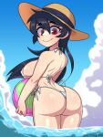  1girl absurdres arched_back areola_slip ass back ball bare_arms bare_legs beachball bikini black_hair blue_sky breasts closed_mouth cloud commentary_request day filia_(skullgirls) hair_between_eyes hat highres holding holding_ball large_breasts long_hair looking_at_viewer looking_to_the_side micro_bikini ocean outdoors painting_fish red_eyes sidelocks skullgirls sky smile solo standing sun_hat swimsuit thighs white_bikini 