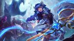  1boy 2girls absurdres amekoi blue_bow blue_bowtie blue_hair blue_shirt blurry blurry_background bow bowtie breasts character_request cowboy_shot drill_hair elbow_gloves fiddlesticks frilled_skirt frills gem giant_hand gloves gwen_(league_of_legends) hair_ornament highres holding holding_scissors holding_scythe large_breasts league_of_legends magic multiple_girls official_alternate_costume oversized_object puffy_short_sleeves puffy_sleeves red_lips scissors scythe shirt short_sleeves skirt solo_focus standing star_(symbol) star_guardian_gwen star_hair_ornament star_nemesis_fiddlesticks thighhighs twin_drills twintails white_gloves 