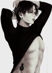  1boy abs black_eyes black_hair black_sweater bug chrollo_lucilfer commentary_request earrings highres hunter_x_hunter jewelry male_focus short_hair simple_background solo spider stomach_tattoo sweater tattoo toned toned_male wosara 