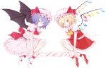 2girls ascot back_bow bat_wings blonde_hair blue_hair blue_nails bow character_name closed_mouth collared_shirt commentary_request crystal flandre_scarlet frilled_shirt_collar frilled_skirt frilled_sleeves frills from_side full_body hair_between_eyes hat hat_ribbon highres large_bow light_smile looking_at_viewer looking_to_the_side medium_hair mob_cap multicolored_wings multiple_girls nail_polish no_socks one_side_up open_mouth perri_(mnemosine) pink_headwear pink_shirt pink_skirt puffy_short_sleeves puffy_sleeves red_ascot red_bow red_eyes red_footwear red_ribbon red_skirt red_vest remilia_scarlet ribbon ribbon-trimmed_headwear ribbon_trim shirt short_hair short_sleeves siblings simple_background sisters skirt skirt_set sleeve_bow sleeve_ribbon teeth touhou upper_teeth_only vest white_background white_bow white_footwear white_headwear white_shirt wings 