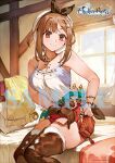  1girl atelier_(series) atelier_ryza atelier_ryza_1 breasts brown_eyes brown_hair cleavage gloves hair_ornament hairclip hat image_sample jewelry large_breasts looking_at_viewer necklace official_art red_shorts reisalin_stout short_hair shorts smile solo thighhighs thighs toridamono 