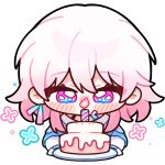  1girl blush cake candle chibi ear_blush earrings english_commentary food holding holding_cake holding_food honkai:_star_rail honkai_(series) jewelry lit_candle long_sleeves march_7th_(honkai:_star_rail) medium_hair no_mouth official_art pink_hair single_earring solo transparent_background upper_body 
