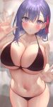  1girl absurdres against_glass akira_shiun bare_shoulders bikini blush breast_press breasts breasts_on_glass cleavage collarbone fate/stay_night fate_(series) hair_ribbon highres huge_breasts large_breasts long_hair looking_at_viewer matou_sakura navel parted_lips purple_eyes purple_hair red_ribbon ribbon solo standing swimsuit thigh_gap wet 