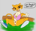  2023 anthro anus bottomless bottomless_female breasts camille_(jumpstart) cheetah cleavage clothed clothing colored_sketch dialogue english_text felid feline female footwear front_view full-length_portrait fur genitals jumpstart_(series) jumpstart_games looking_at_viewer mammal open_mouth open_smile portrait presenting presenting_pussy pussy shirt shoes sketch smile sneakers solo spots spread_legs spread_pussy spreading talking_to_viewer tank_top text thehumancopier topwear yellow_body yellow_fur 