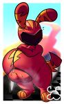  ambiguous_gender anthro armor belly belly_overhang belly_squish blurred_background bodily_fluids clothing headgear helmet hi_res jumpsuit katsuma katsuma_(species) moshi_monsters musk_clouds overweight overweight_anthro solo spleeep squish sweat sweaty_belly tail tight_clothing vehicle 