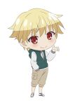  1boy blonde_hair blush boots brown_pants chibi child_gilgamesh_(fate) closed_mouth denim fate/kaleid_liner_prisma_illya fate_(series) full_body gilgamesh_(fate) green_jacket hair_between_eyes jacket jeans long_sleeves looking_at_viewer male_focus multicolored_footwear pants red_eyes shirt shoes short_hair simple_background solo standing straight_hair suit white_shirt 
