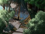  1girl blue_dress bow_(weapon) commentary_request delsaber dress earrings fingerless_gloves fire_emblem fire_emblem:_the_blazing_blade forest from_side gloves green_eyes green_gloves green_hair holding holding_bow_(weapon) holding_weapon jewelry long_hair looking_away lyn_(fire_emblem) nature plant ponytail profile shorts solo standing standing_on_one_leg sunlight thighs tree very_long_hair weapon 