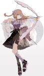  1girl black_dress black_footwear bow_(weapon) braid brown_hair dress flower hair_flower hair_ornament holding holding_bow_(weapon) holding_weapon kneehighs long_sleeves original purple_eyes qtonagi simple_background socks solo standing weapon white_background white_socks 