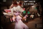  absurd_res action_pose anthro breasts cinematic female genitals group gun hair hi_res league_of_legends long_ears mario_bros nintendo pose poster purple_body pussy ranged_weapon riot_games short_stack shyguy teemoty thick_thighs tristana_(lol) weapon white_hair yordle 