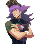  1boy baseball_cap bright_pupils champion_uniform crossed_arms dark-skinned_male dark_skin facial_hair grin hat highres leon_(pokemon) long_hair looking_to_the_side male_focus morio_(poke_orio) pokemon pokemon_(game) pokemon_swsh purple_hair shield_print shirt short_sleeves simple_background smile solo sword_print teeth upper_body white_background white_pupils white_wristband yellow_eyes 