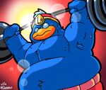  anthro avian barbell belly belly_tuft bird blue_body bodily_fluids crown dededaio exercise headgear king king_dedede kirby_(series) male musclegut nintendo pecs penguin royalty shirtless solo sweat tuft weightlifting workout 