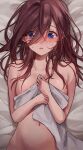  1girl bed_sheet blue_eyes blush breasts brown_hair collarbone covering_privates from_above go-toubun_no_hanayome hair_between_eyes highres holding holding_towel long_hair lying medium_breasts memidesuyo messy_hair nakano_miku navel nude nude_cover on_back open_mouth solo towel upper_body 