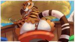  absurd_res alcohol anthro anus beverage bikini bikini_aside bodily_fluids breasts butt clothing clothing_aside dreamworks felid female furniture hi_res kung_fu_panda looking_back mammal master_tigress musk pantherine presenting presenting_anus rilesthecat sitting solo steam stool sweat swimwear swimwear_aside tiger 