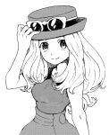  breasts eyewear_on_headwear greyscale looking_at_viewer monochrome niimura_(csnel) pokemon pokemon_(game) pokemon_xy serena_(pokemon) shirt simple_background sleeveless sleeveless_shirt smile solo split_mouth sunglasses upper_body 