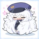  1girl absurdly_long_hair bandaid bandaid_on_knee bandaid_on_leg black_footwear black_gloves blue_headwear chibi closed_eyes commentary gloves goddess_of_victory:_nikke hair_between_eyes hat kneehighs long_hair messy_hair no_nose open_mouth poli_(nikke) police police_uniform skirt socks solo standing thick_eyebrows umihio uniform very_long_hair white_hair white_socks 