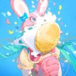  1girl animal_ears animal_hood aqua_hair blue_background blue_bow bow candy character_request check_character food gloves hatsune_miku highres hood in_the_face long_hair own_hands_together pie pie_in_face puffy_short_sleeves puffy_sleeves rabbit_ears rabbit_hood red_gloves rumoon short_sleeves simple_background solo twintails upper_body very_long_hair vocaloid 