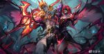  1boy 1girl abs bare_shoulders belt black_blindfold black_dress black_sclera blindfold blonde_hair breasts brown_belt chain chest_tattoo collarbone colored_sclera colored_skin crown dress green_eyes grey_background grey_pants grey_skin highres holding holding_weapon isolde_(league_of_legends) jacket large_breasts league_of_legends long_hair long_sleeves male_focus off_shoulder official_alternate_costume open_clothes open_jacket pants pink_jacket red_hair red_skin smile soul_fighter_viego tattoo third_eye_on_chest viego_(league_of_legends) weapon ya_ka 