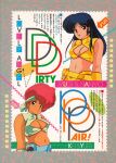  1980s_(style) 2girls blue_eyes blue_hair breasts character_name cleavage copyright_name crop_top dark_skin dirty_pair earrings headband highres jewelry kei_(dirty_pair) light_smile long_hair midriff multiple_girls navel non-web_source official_art open_mouth red_hair retro_artstyle scan short_hair text_focus yuri_(dirty_pair) 