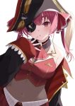  1girl blush covered_navel eyepatch hair_ribbon hat head_tilt highres hololive houshou_marine kamachi_(kamati0maru) long_hair long_sleeves off_shoulder open_mouth pirate_hat red_eyes red_hair red_skirt ribbon simple_background skirt solo twintails virtual_youtuber white_background 