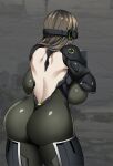  1girl alternate_breast_size armor armored_bodysuit ass ass_focus backboob backless_outfit bodysuit breasts check_commentary commentary commentary_request cowboy_shot dekapaiyukari from_behind goddess_of_victory:_nikke gun highres holding holding_gun holding_weapon huge_breasts impossible_bodysuit impossible_clothes long_hair mass-produced_nikke mecha_musume mechanical_arms medium_hair recoil shiny_clothes shoulder_armor shoulder_blades solo visor_(armor) weapon 