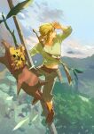  1boy 1other blonde_hair blue_eyes earrings falling_leaves floating_island green_shirt grey_pants hair_tie highres jewelry korok leaf link low_ponytail male_focus medium_hair midriff_peek nature open_mouth outdoors pants pointy_ears pra_11 shirt sidelocks smile the_legend_of_zelda the_legend_of_zelda:_breath_of_the_wild weapon weapon_on_back 