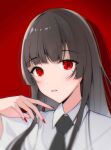  1girl absurdres black_hair black_necktie blurry chinese_commentary chromatic_aberration commentary_request highres juzi_wei_qishui long_hair mole mole_under_eye necktie original portrait red_eyes red_nails solo 