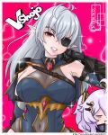  2girls absurdres ahoge armor armored_dress armored_gloves border breasts character_name cleavage copyright_name deviantart_username eyepatch geega_(1st_costume)_(vtuber) geega_(vtuber) grey_hair hair_between_eyes henya_the_genius highres long_bangs long_hair looking_at_viewer medium_breasts medium_hair multiple_girls navel pink_background pointy_ears red_eyes shihir09 shirt sleeveless sleeveless_shirt smile virtual_youtuber vshojo white_border 